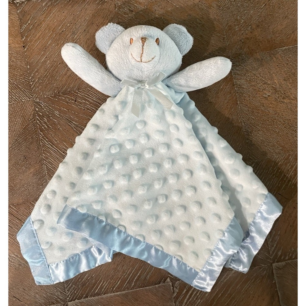 Blue Teddy Bear Baby Security Blanket Lovie Lovey  Minky Dots  Satin Interior